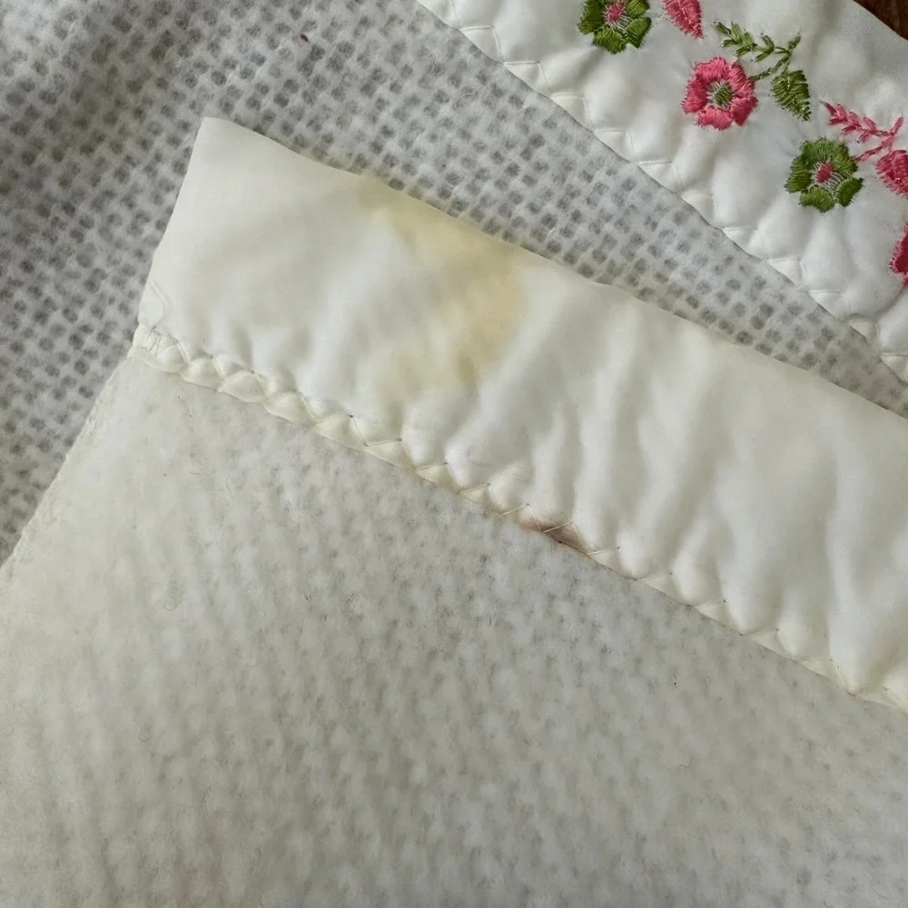 Vintage Cream Waffle Weave Thermal Blanket Pink Floral Embroidered Satin Trim